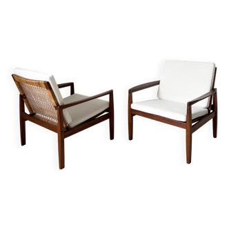 Pair of 519 Hans Olsen teak and rattan armchairs