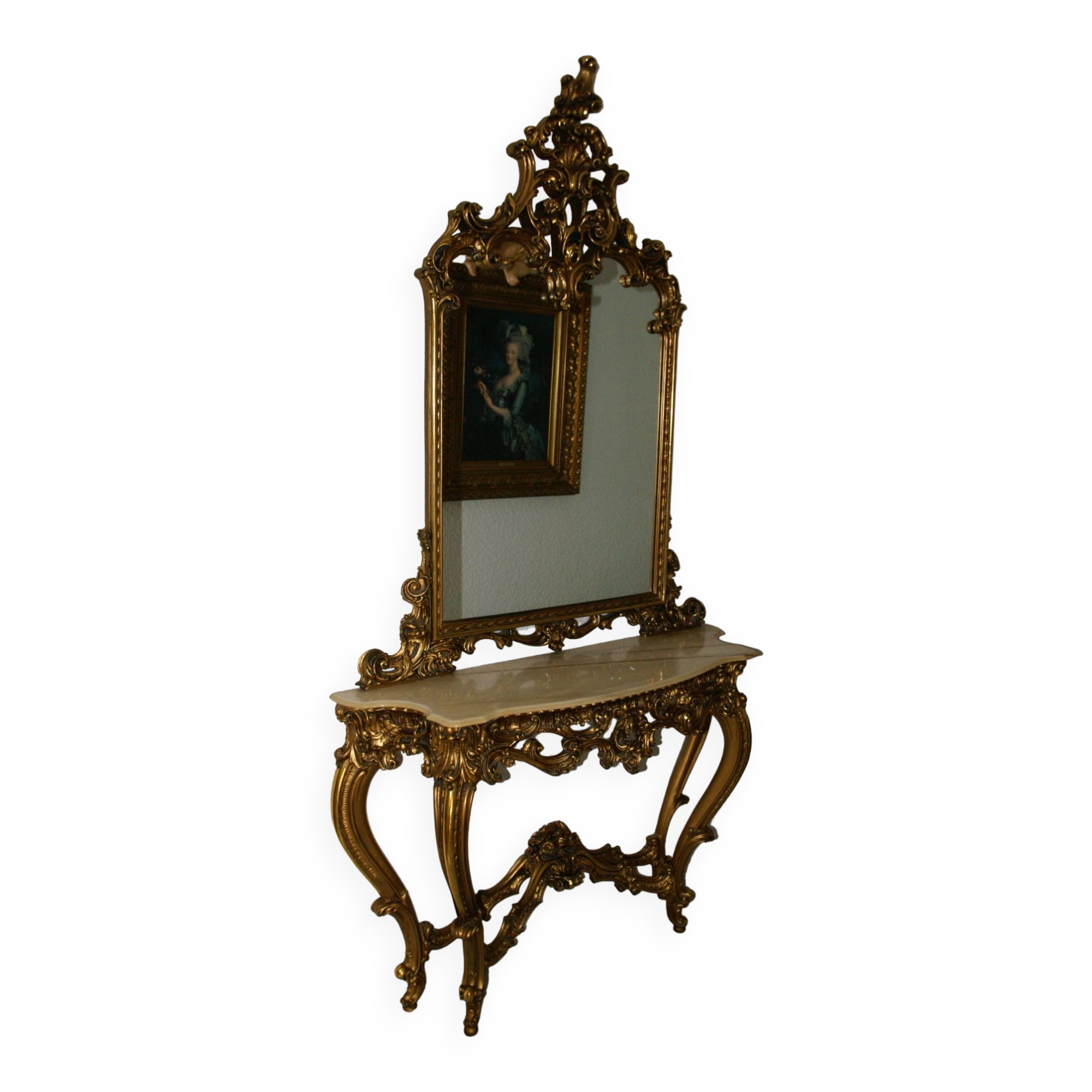 Mirror set with baroque style gilded wood console on marble top.