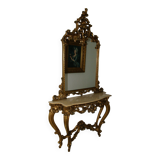 Mirror set with baroque style gilded wood console on marble top.