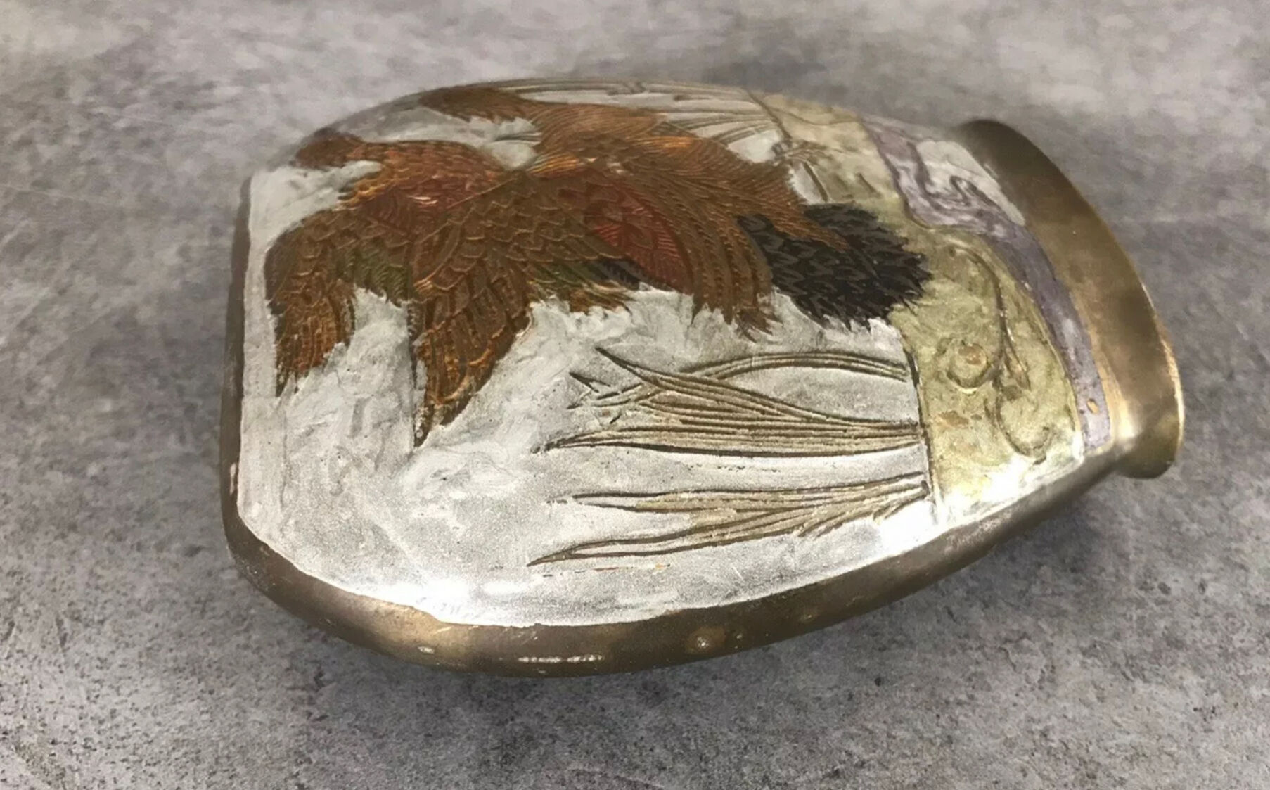 Vintage vase in enamelled brass decoration of duck flight 10.5 cm
