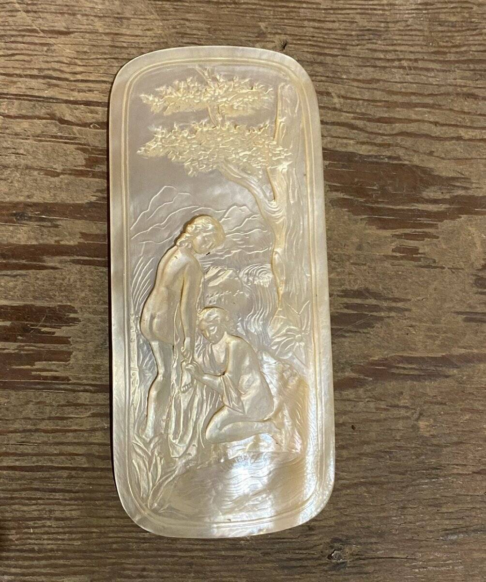 Mother-of-pearl carved plaque, two young girls bathing