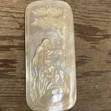 Mother-of-pearl carved plaque, two young girls bathing