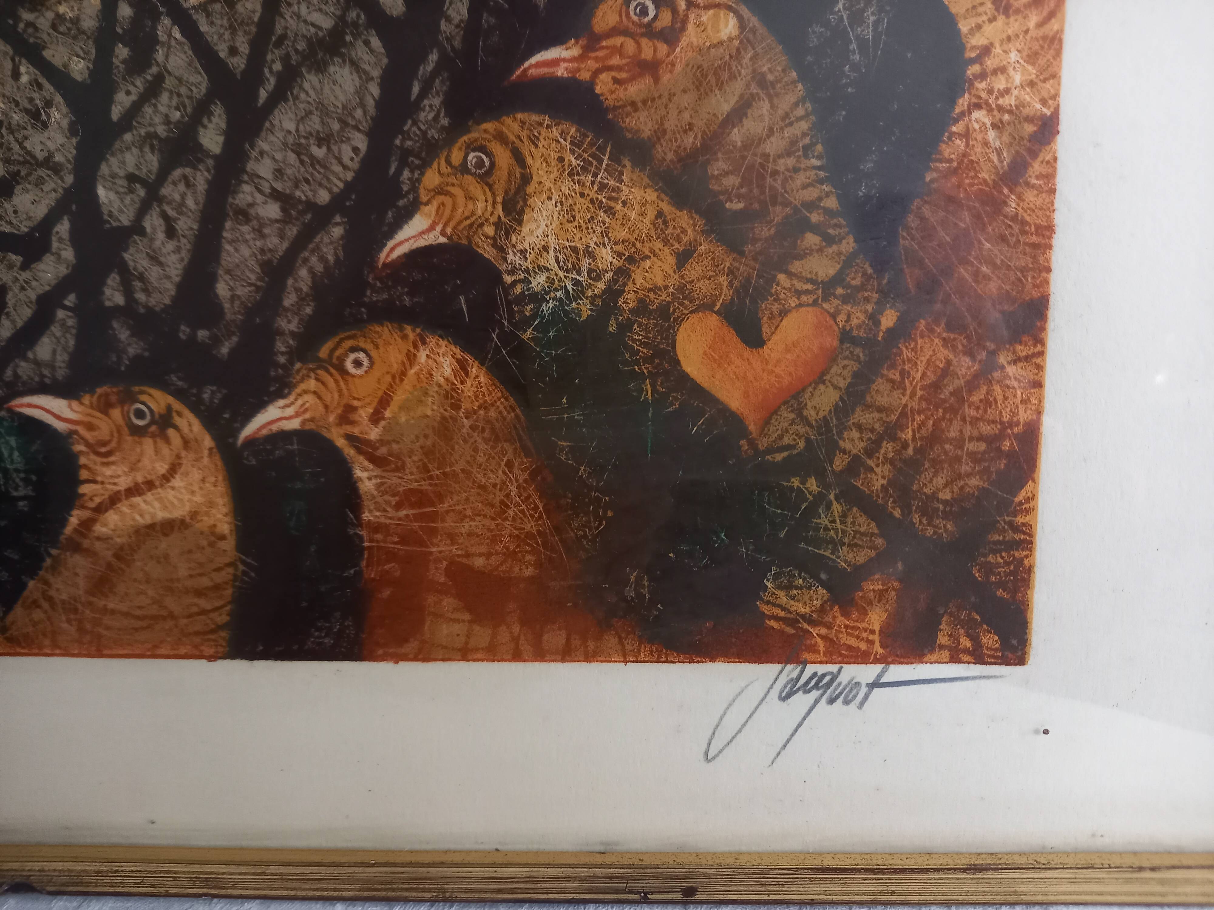 Original lithograph by Pierre-Henri Jacquot (1929-2009), birds and sun, framed and signed