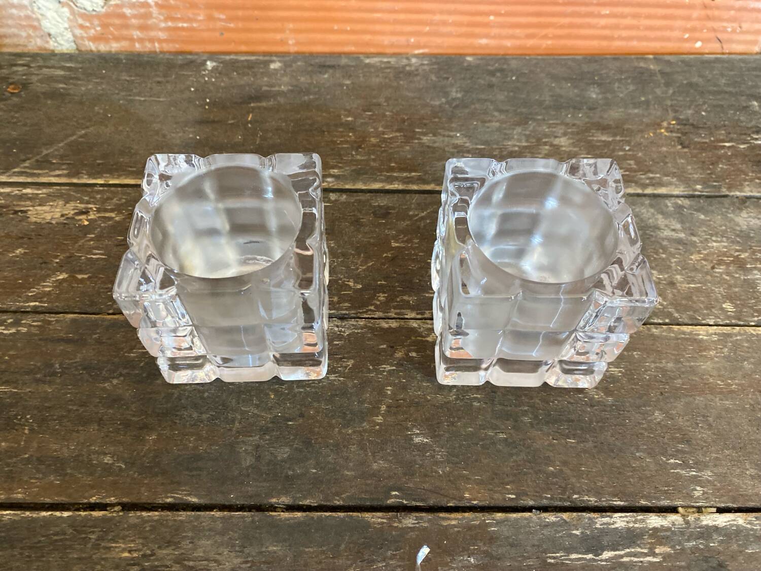Pair of Modernist Cube Design Candle Holders Moulded Glass 1970s Vintage