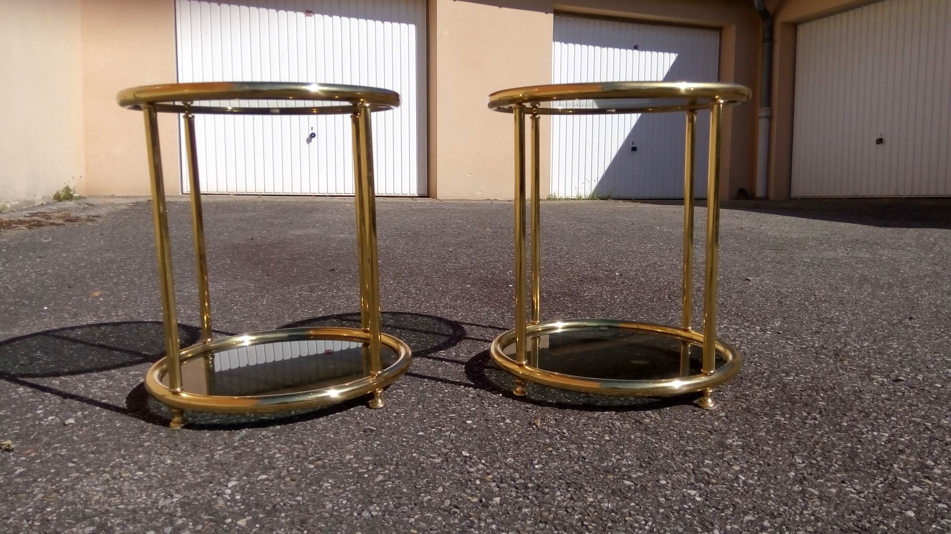 Pair of extra tables pieces of sofa gold metal 70s