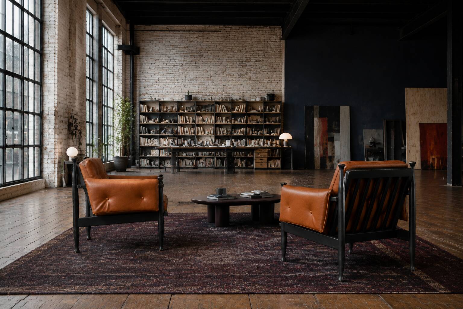 Paire de fauteuils lounge « safari » en cuir cognac et hêtre noir — c. 1970