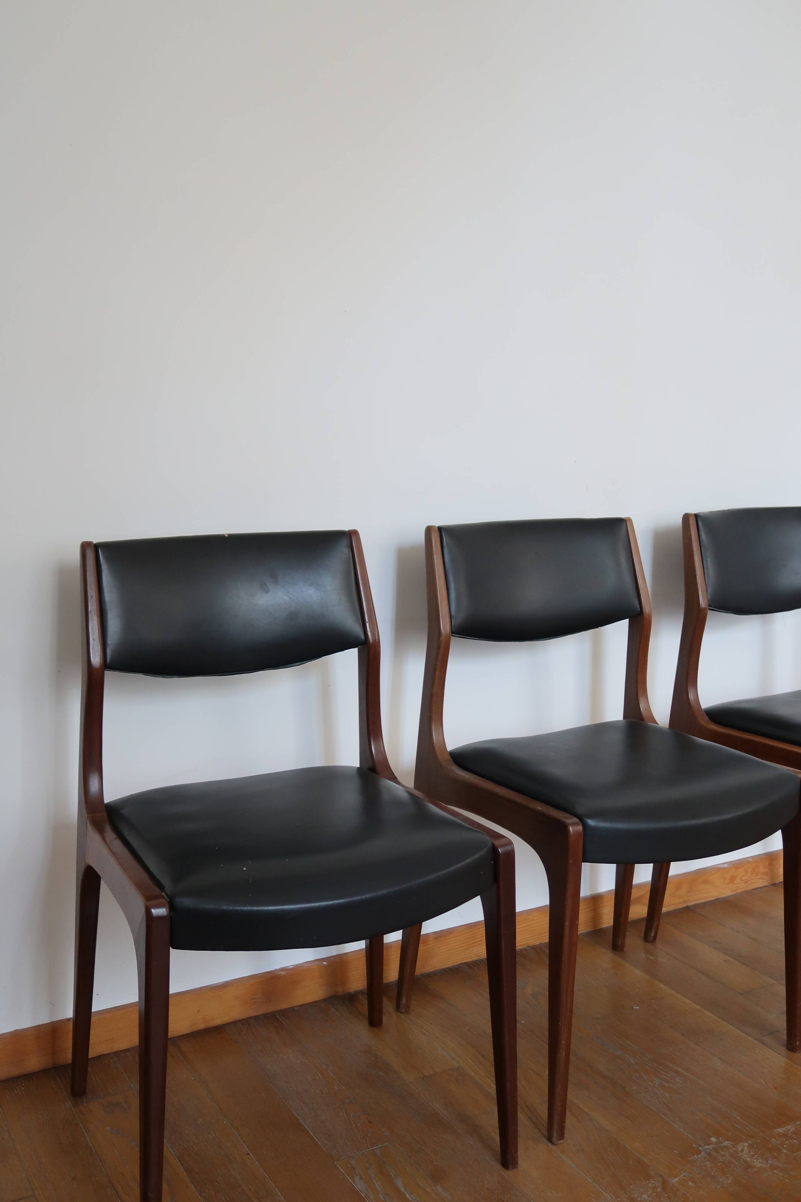 Series of 3 Scandinavian teak and skai chairs