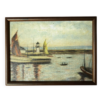 Marine painting sailing fishing port signed fp oil on canvas early 20th century