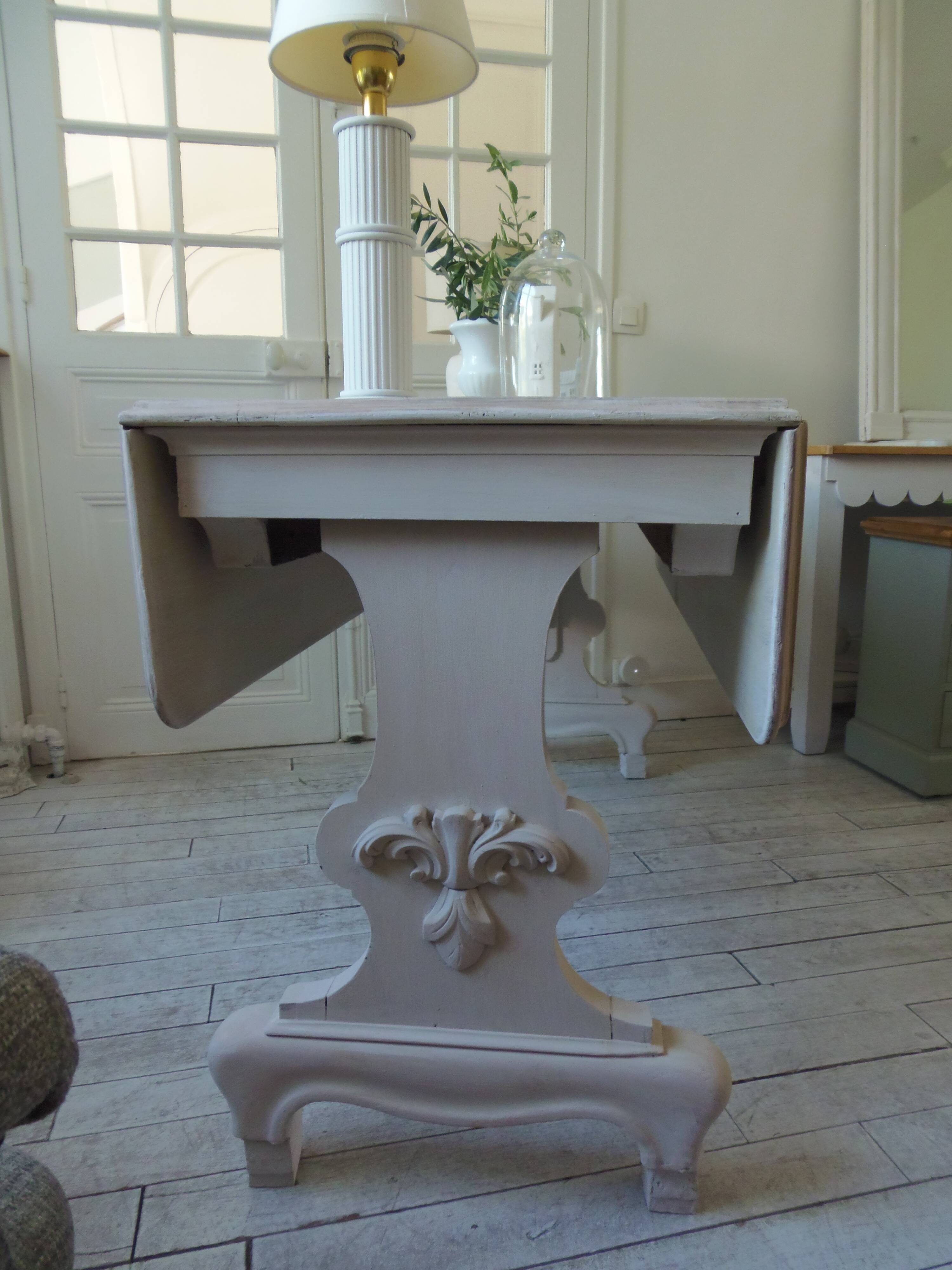 Console, solid walnut table, foldable extensions, grey patinated legs.