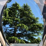 Bevelled art deco oval mirror mounted on wood with vertical or horizontal original chain 38x68cm