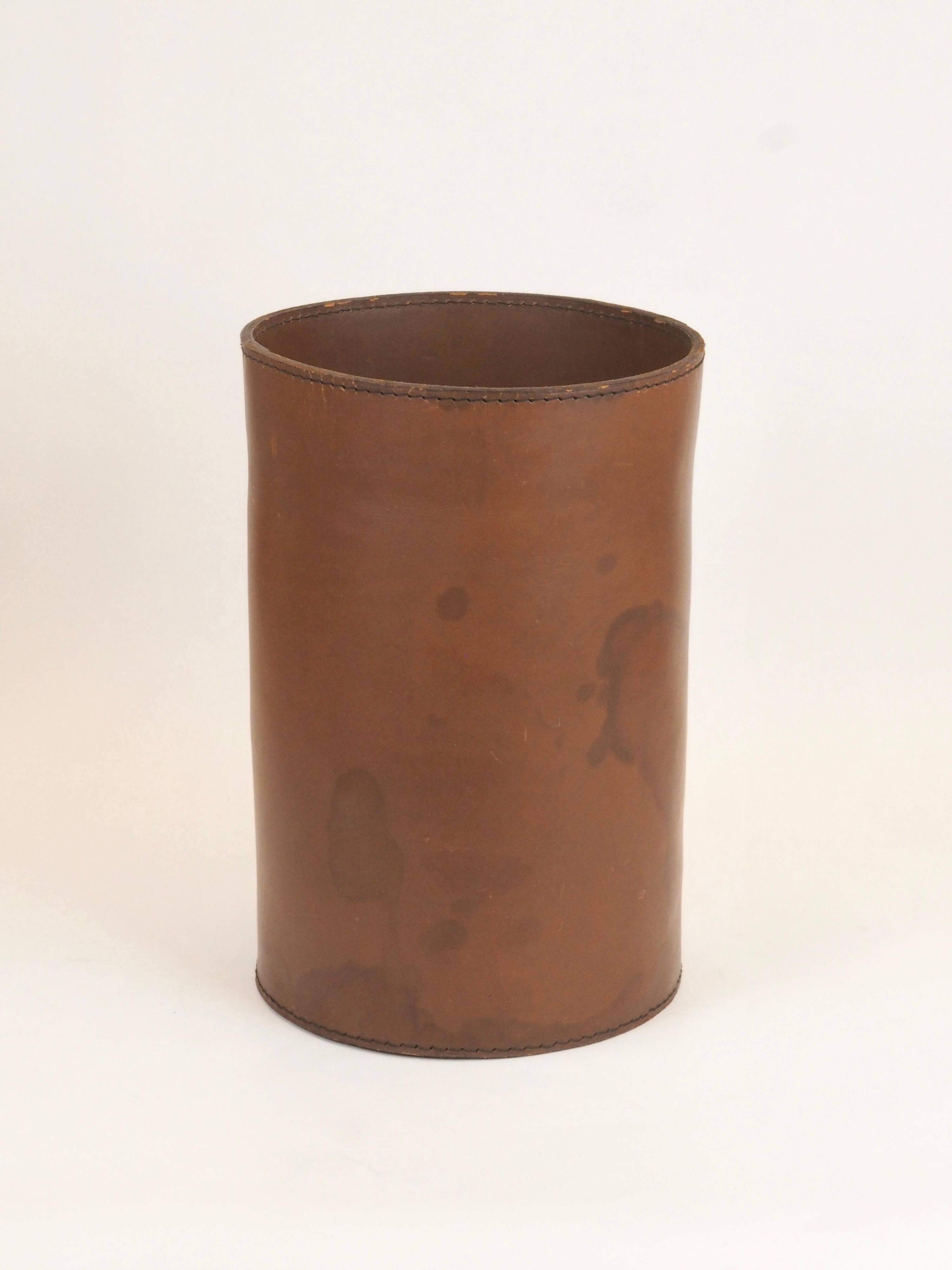 Authentic leather wastebasket/bin by Carl Auböck from the mid-20th century.
