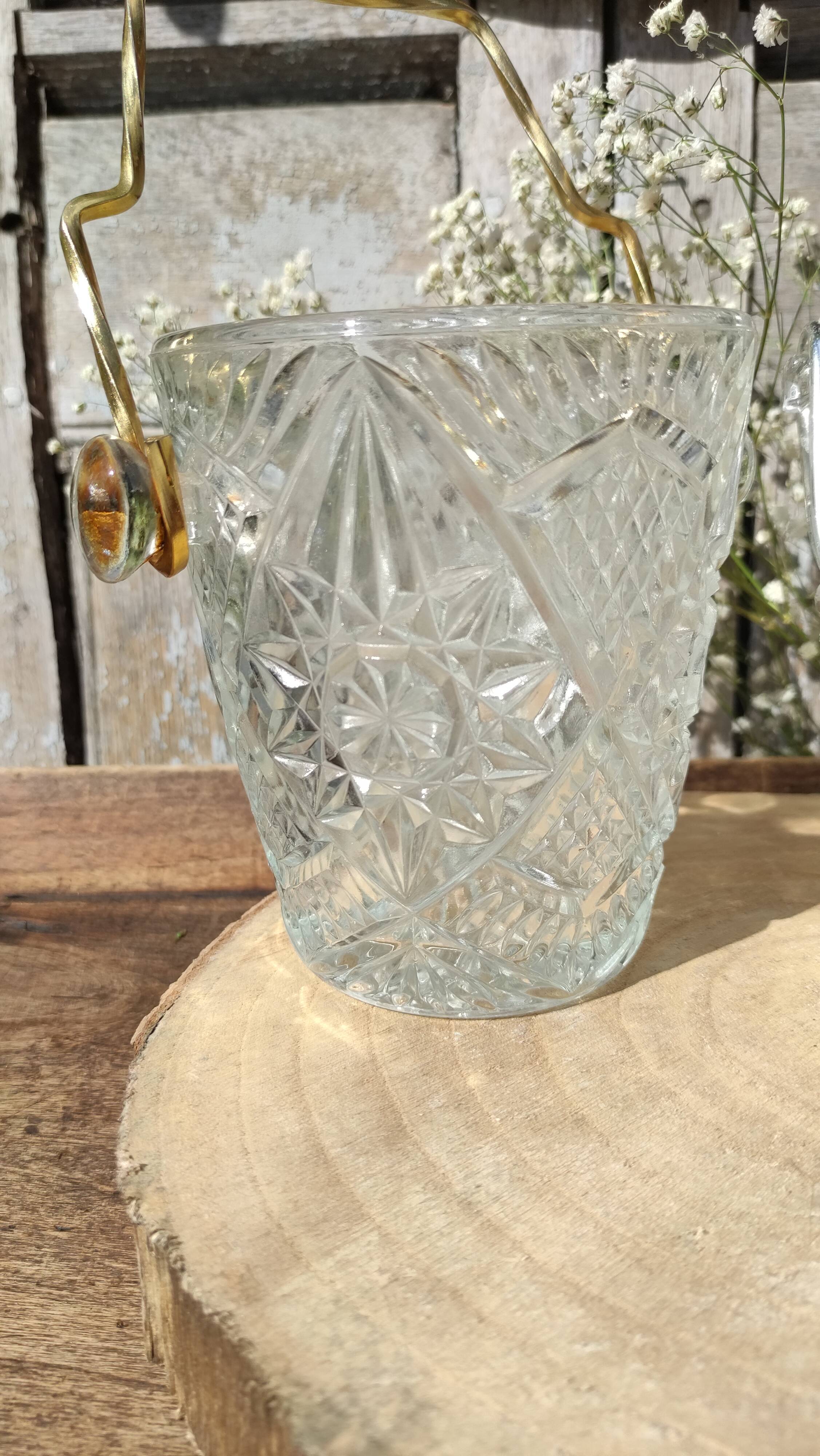 Seau à glace ou glaçons vintage en verre ciselé