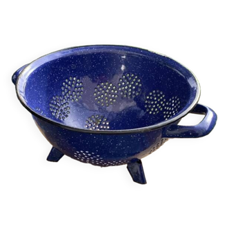 Midnight blue enameled iron colander with old black edge