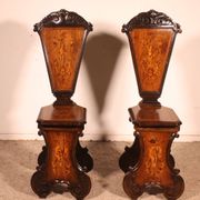 pair of stools in walnut and marquetry - 19th century