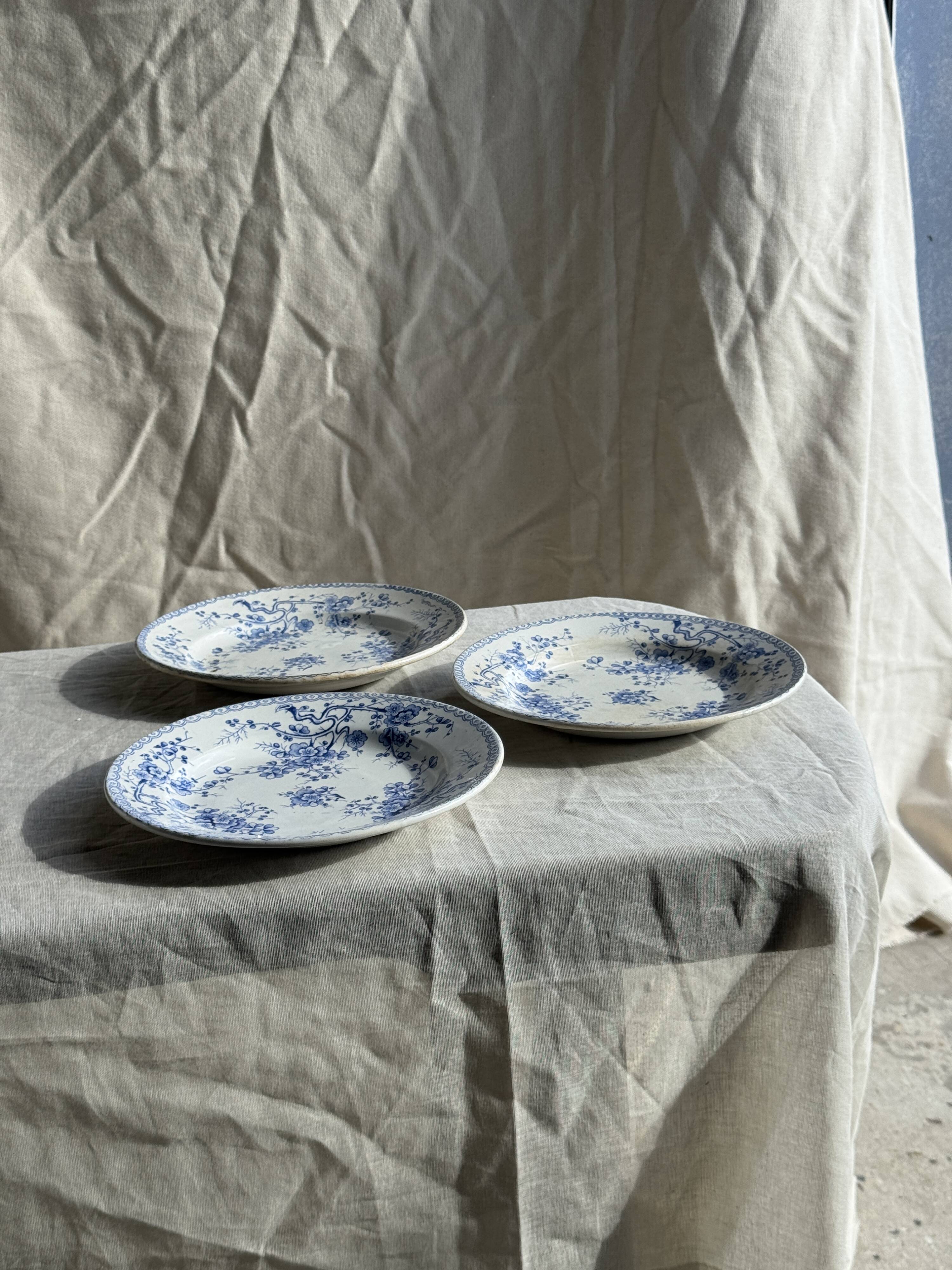 Set of 3 blue plates from Gien pottery, Fleurette model, D22.5.