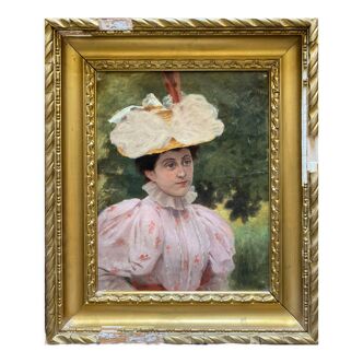 HST painting "Elegant hat surrounded by trees" XIX° century