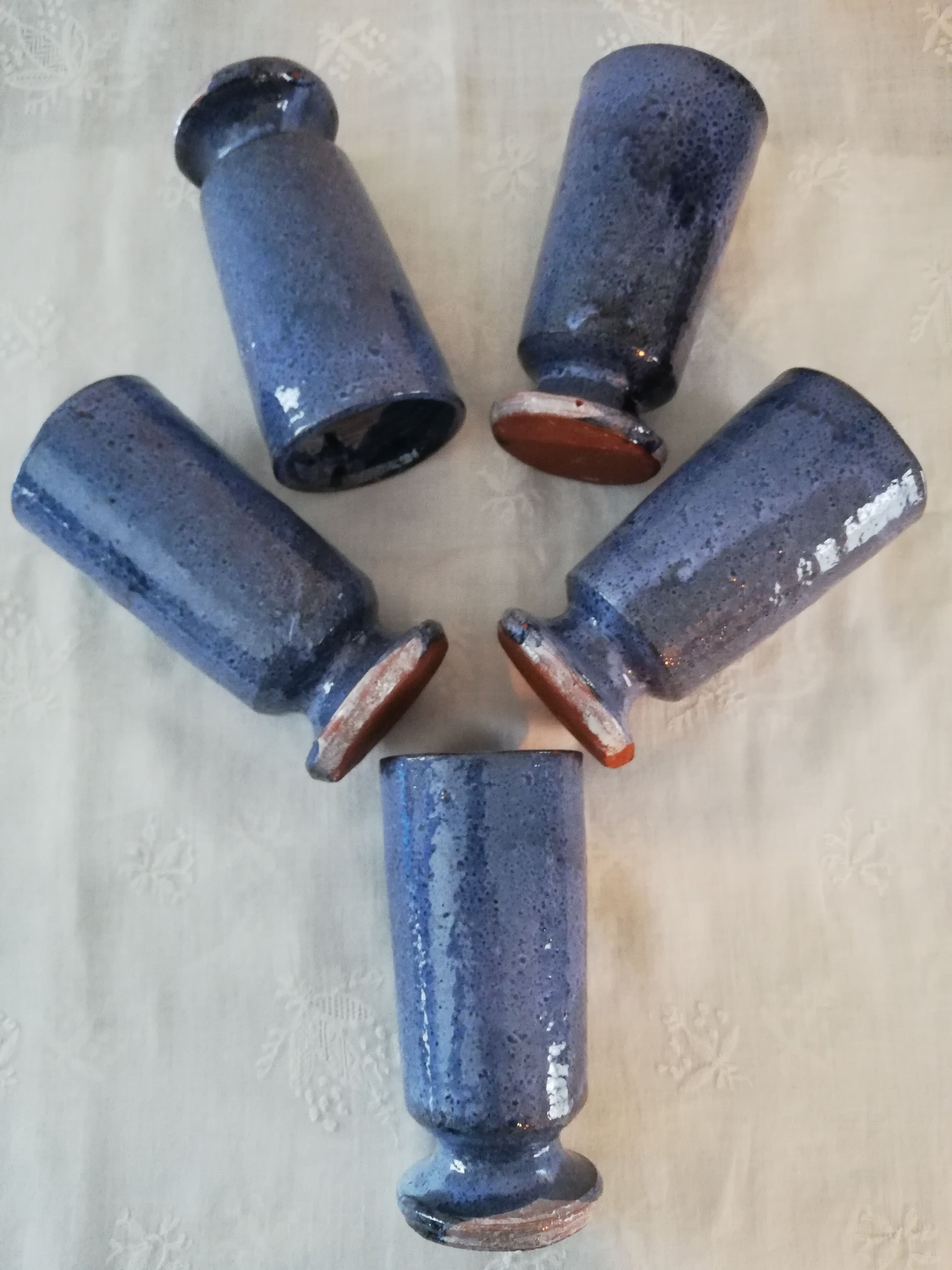 Set of 5 blue mazagrans in glazed stoneware