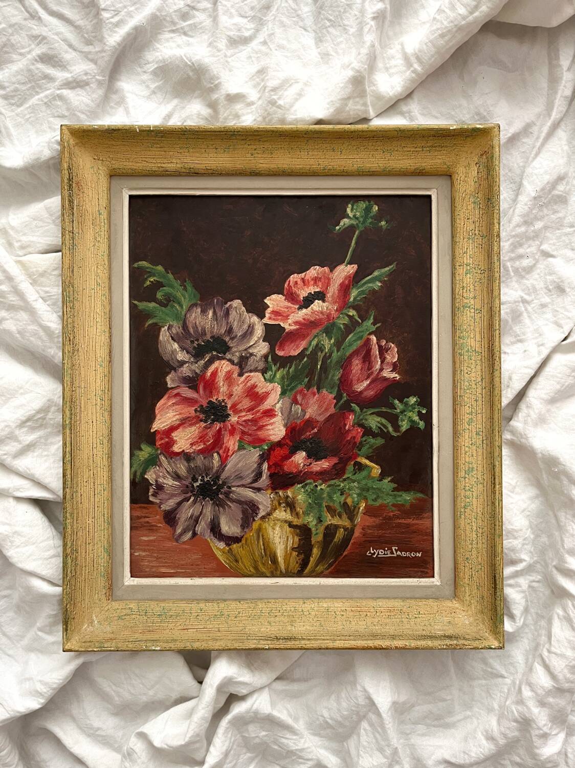 Antique painting, oil on cardboard, bouquet of anemones, signed