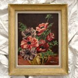 Tableau ancien peinture huile sur carton bouquet de fleurs anémones signée