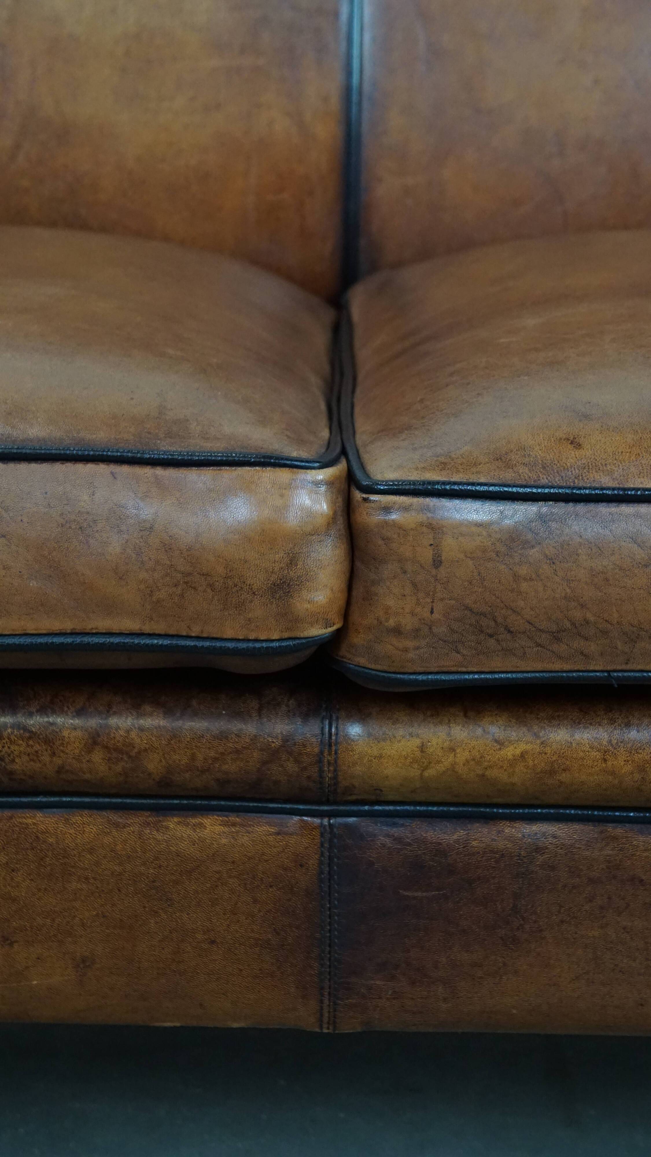 Sheepskin Leather 2-Seater Art Deco Sofa