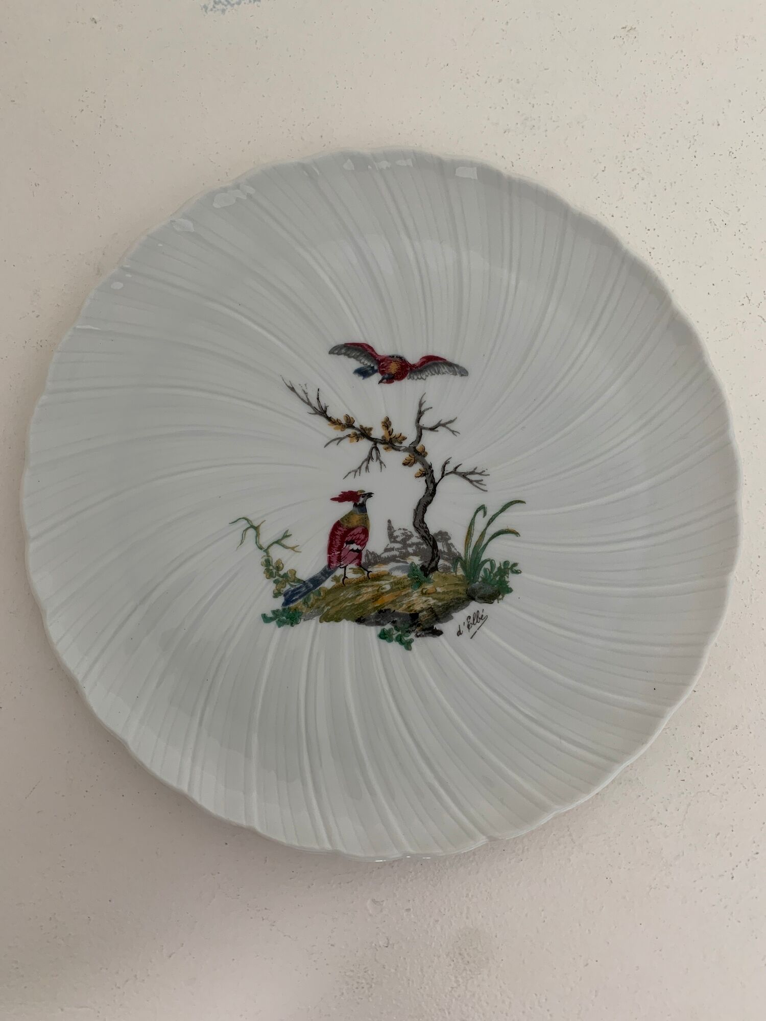 8 Bernardaud and Co. dessert plates signed Elbé, Limoges porcelain, decorated with birds