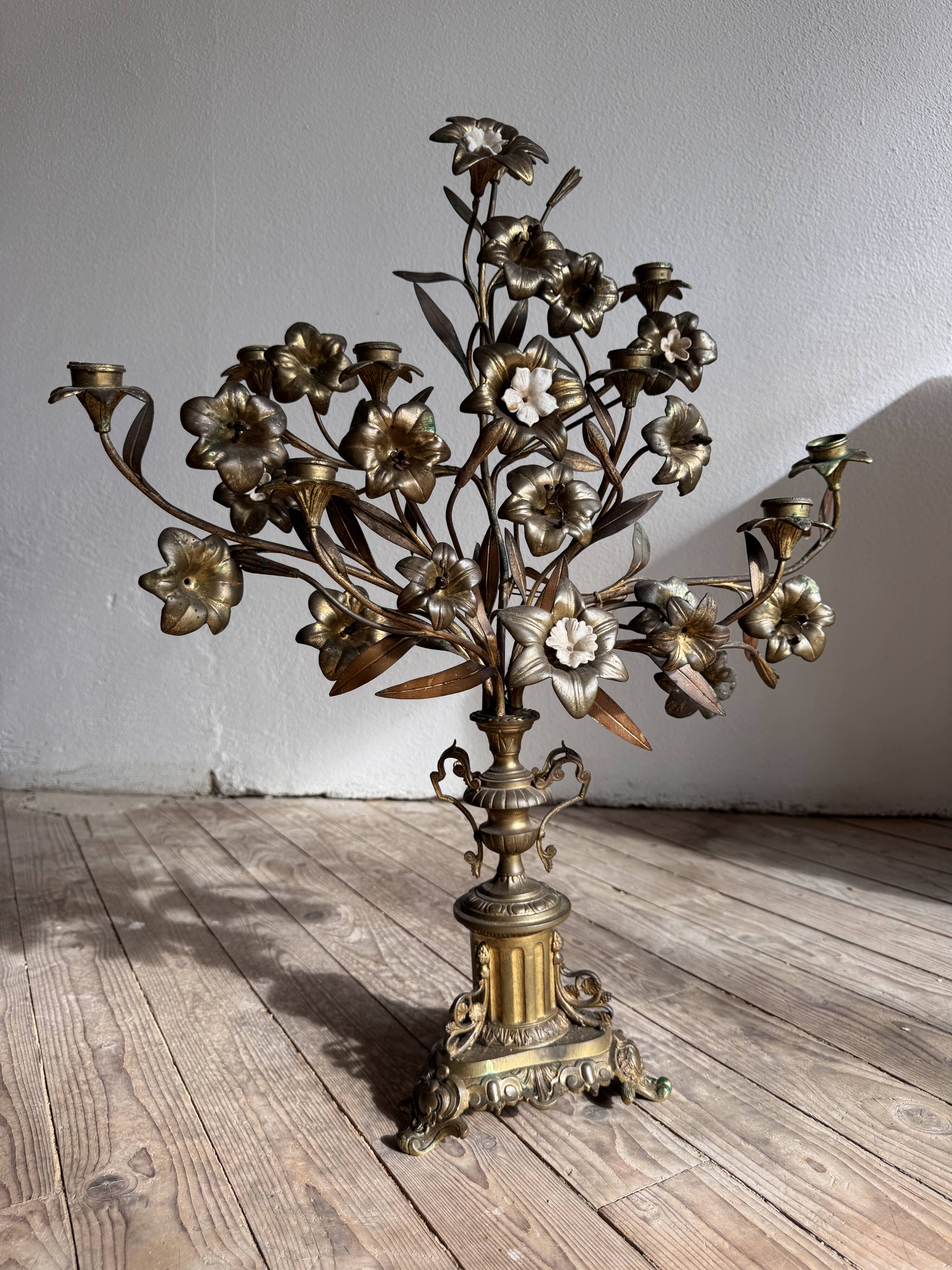 Pair of large 9-light altar candelabra, 19th century, in bronze and brass