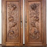 Paire d'ancien panneau porte bois sculpté Bas relief (chêne)