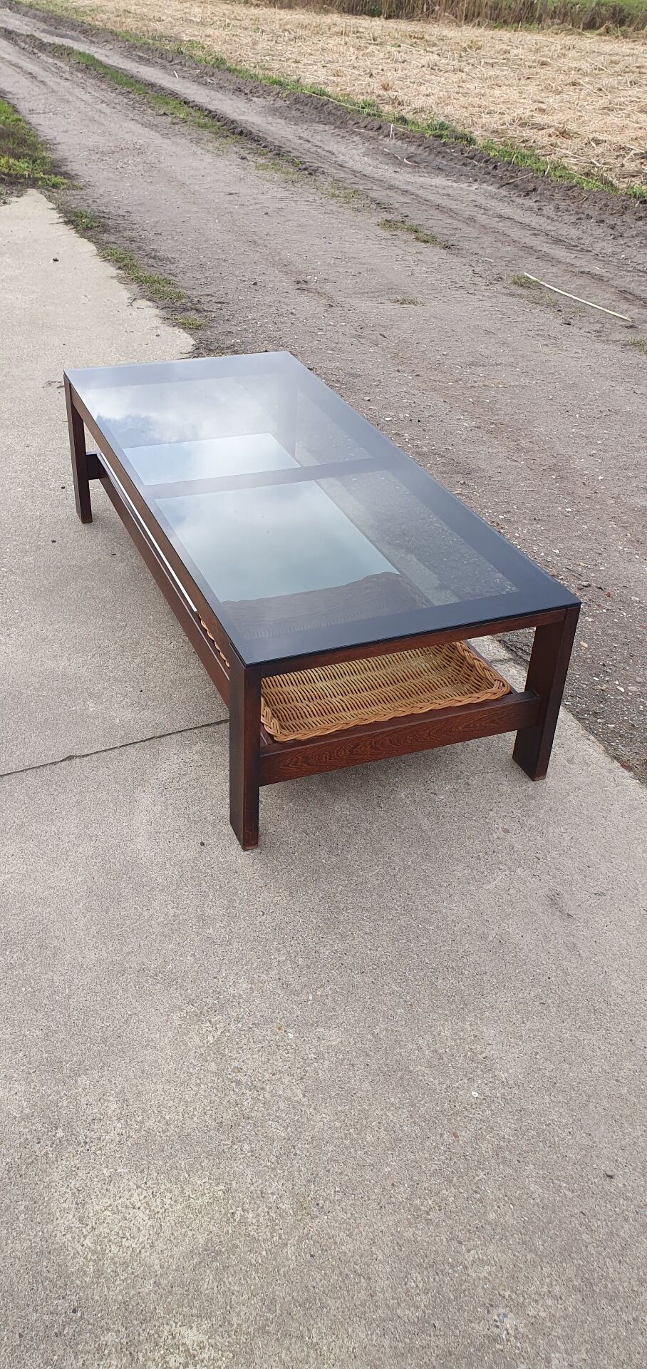 Vintage 1970s coffee table 137 cm wenge smoked glass  wicker basket