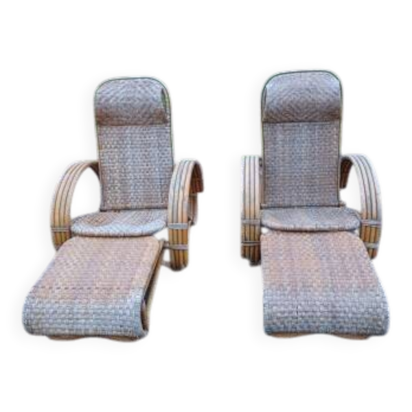 Paire de fauteuils transat en rotin colonial