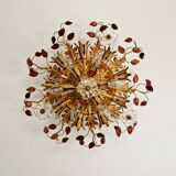 Large floral ceiling light in gilded metal and crystal, Banci Firenze, 1970.