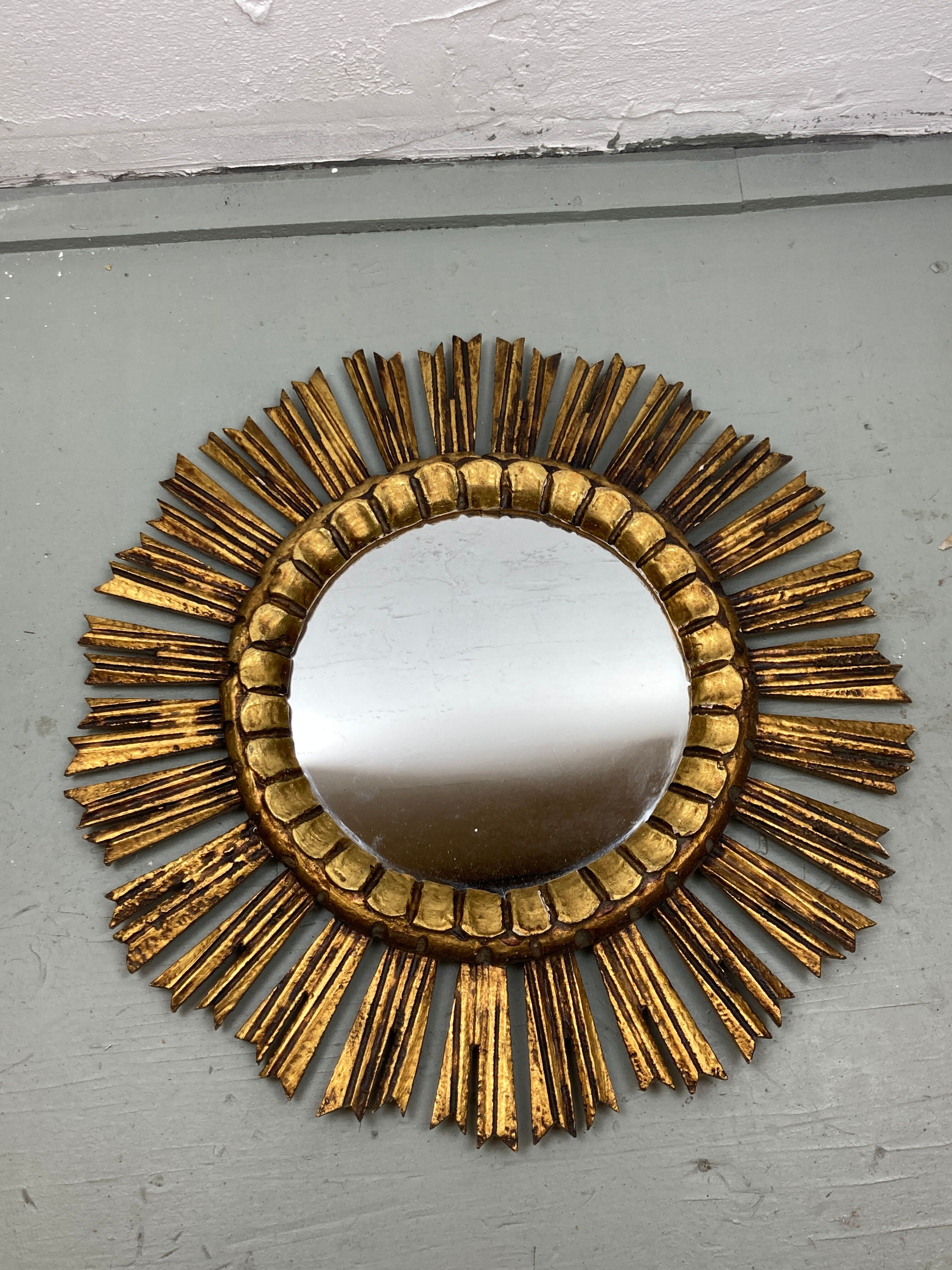 Spanish gold gilt wood sun or sunburst mirror, ca 1950s