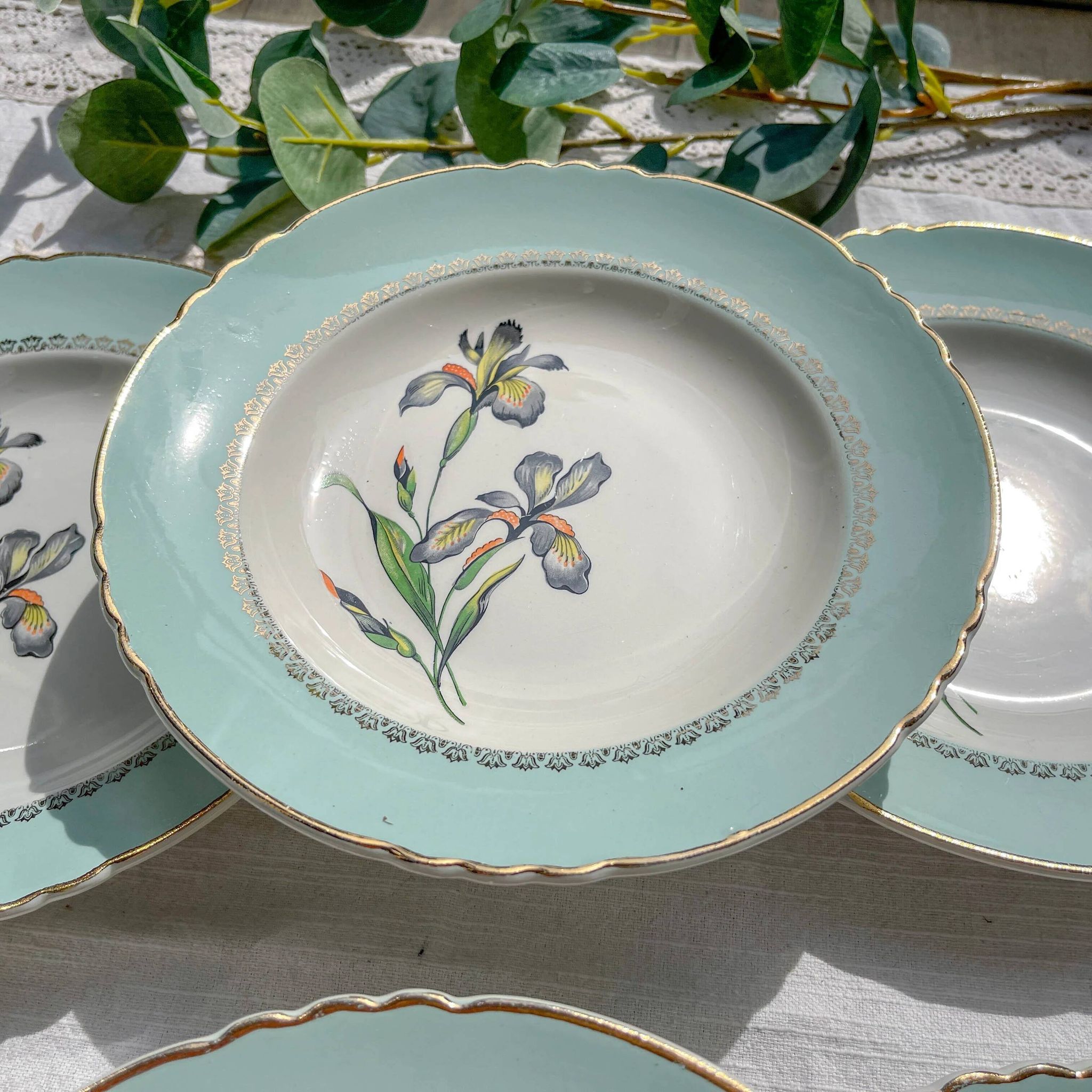 6 vintage white and green porcelain soup plates Iris Moulin des Loups "Sargosse" 1950s