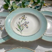 6 vintage white and green porcelain soup plates Iris Moulin des Loups "Sargosse" 1950s