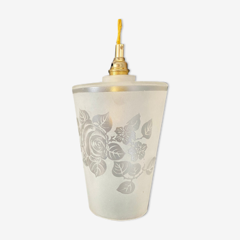 Vintage frosted glass tulip walker with rose pattern