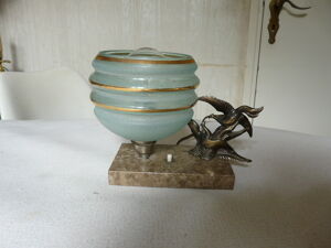 Lampe veilleuse oiseaux art Déco, marbre, régule et verre granité bleu