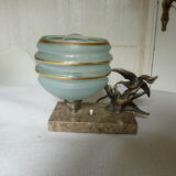 Lampe veilleuse oiseaux Art Déco, marbre, régule et verre granité bleu