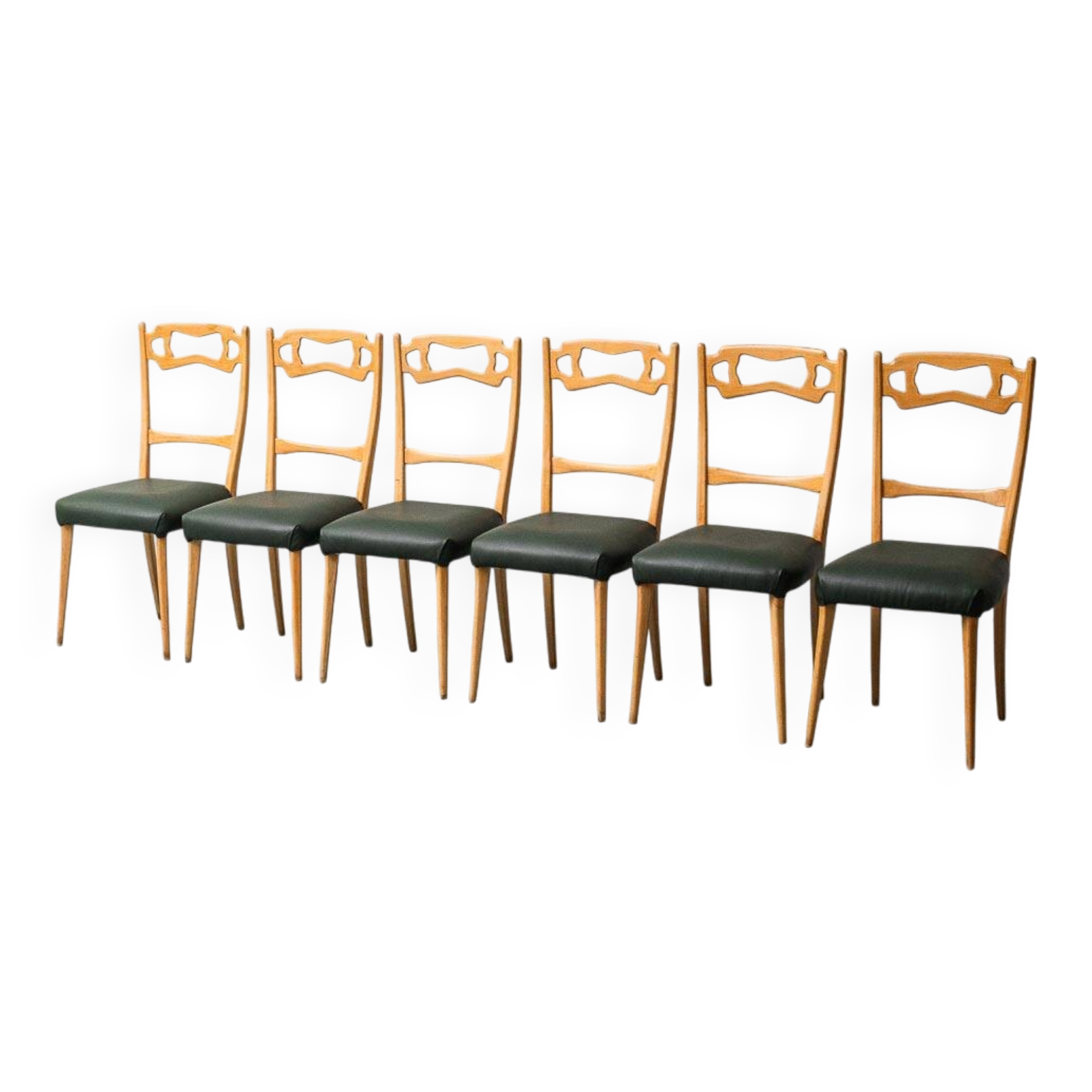 Set of 6 leather and wood chairs from the 1960s, vintage modernist