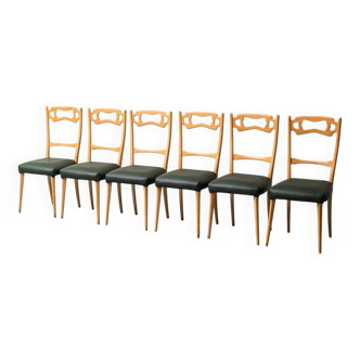 Set of 6 leather and wood chairs from the 1960s, vintage modernist
