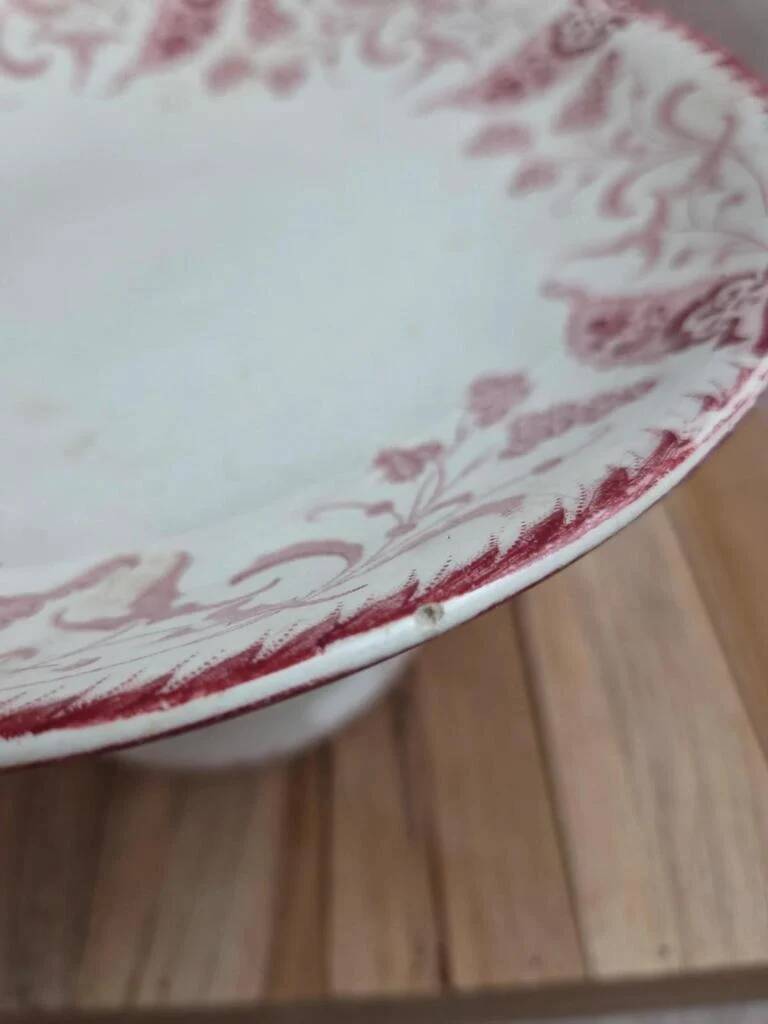 Antique compote dish Terre de fer Longwy Rambouillet model – burgundy decoration