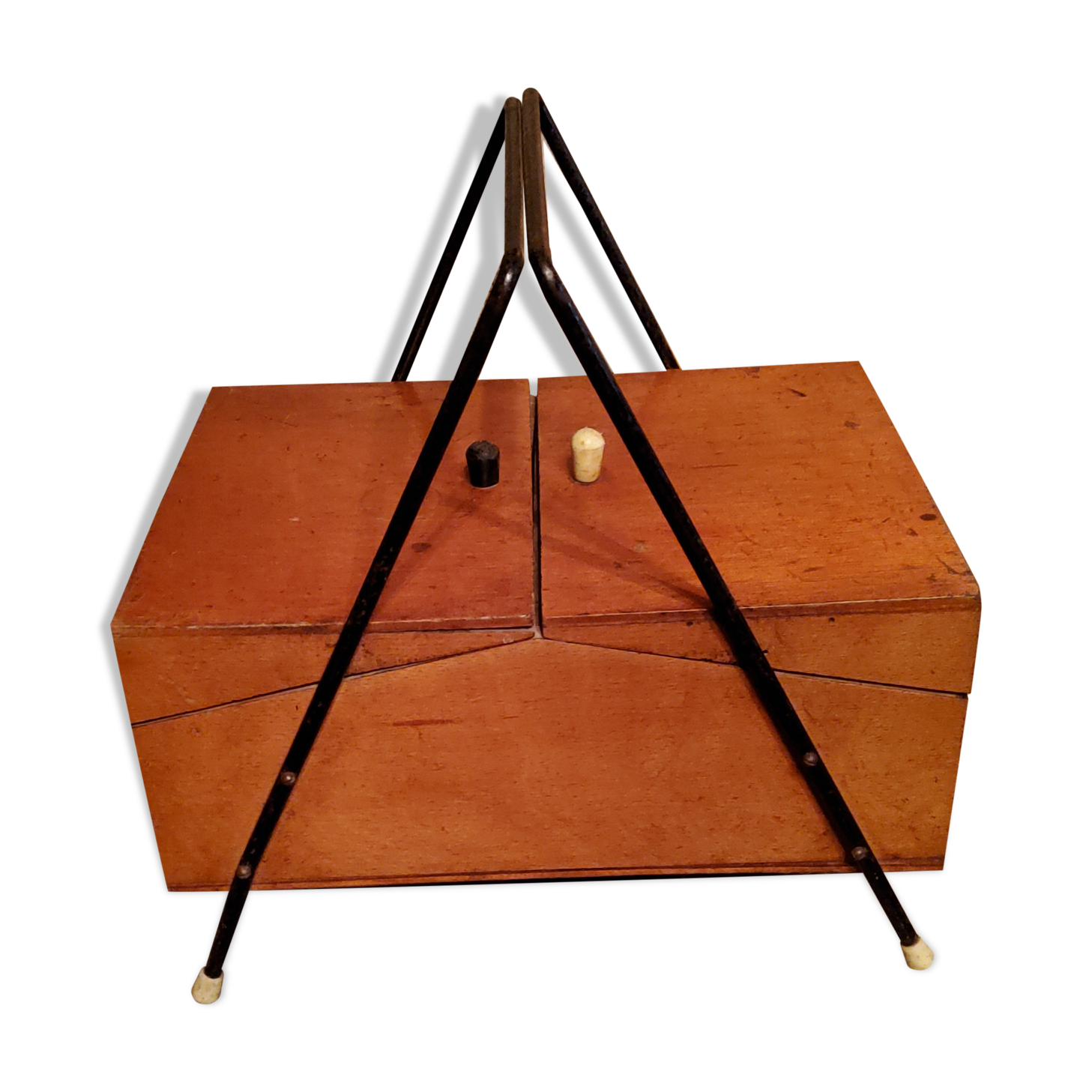Sewing box from the 50s in wood and black metal