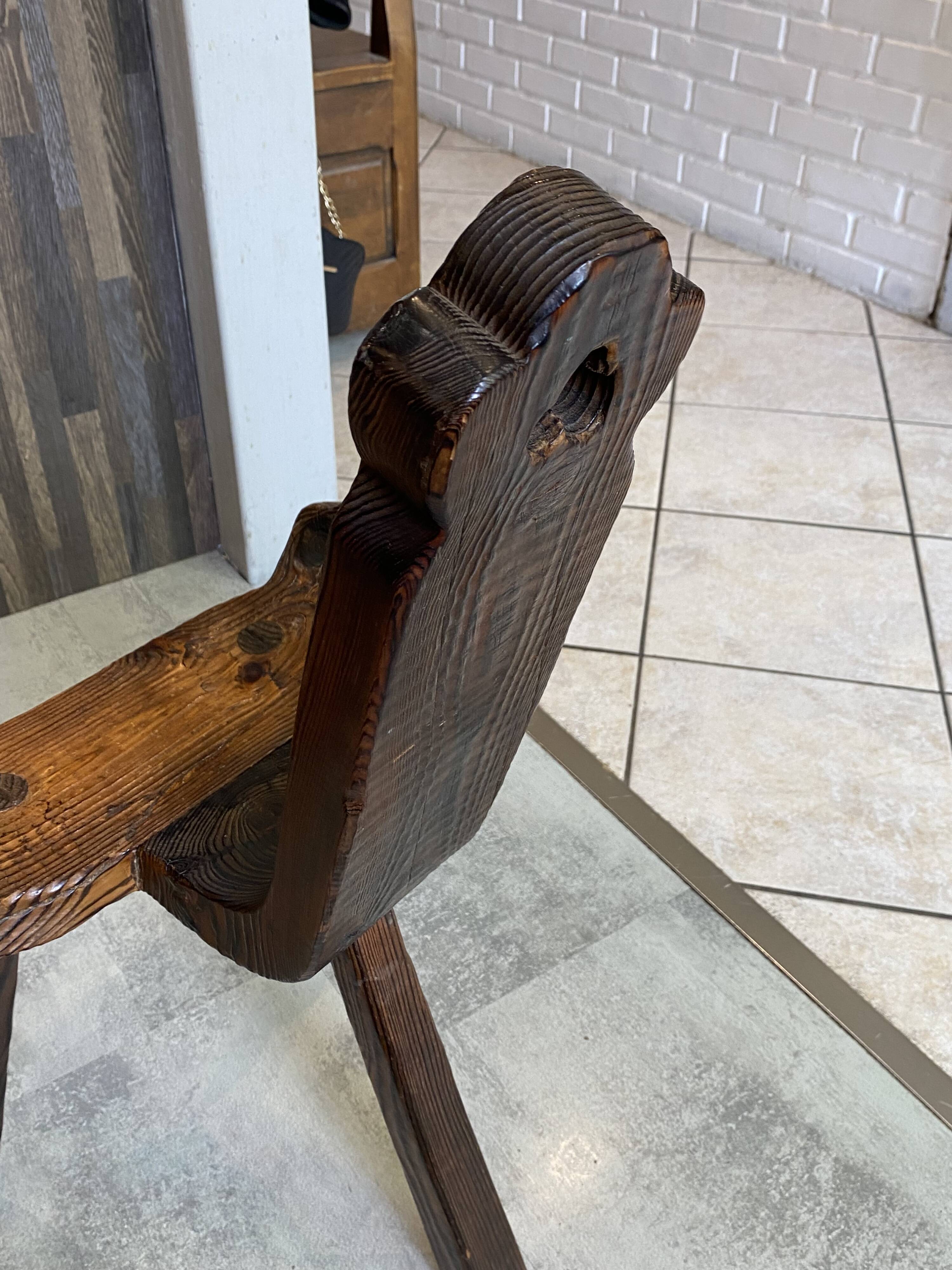 Brutalist tripod chair n2, carved solid wood, antique.