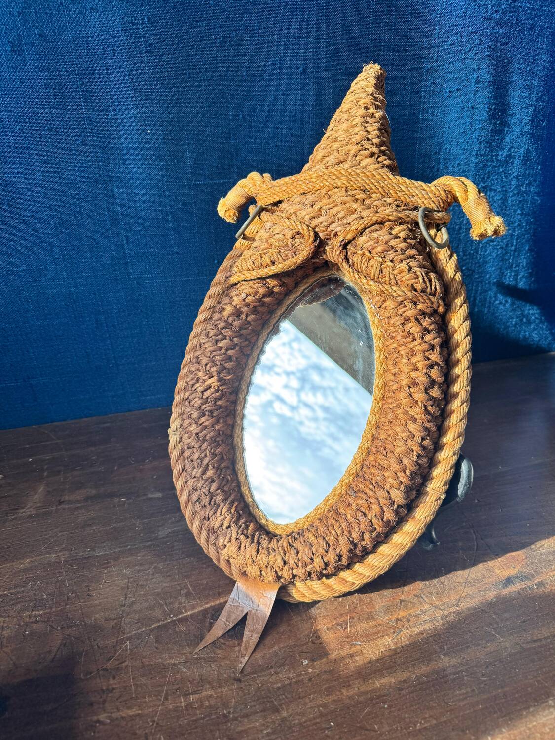 Vintage Audoux-Minet mirror. 1950s. Rope/hemp/leather