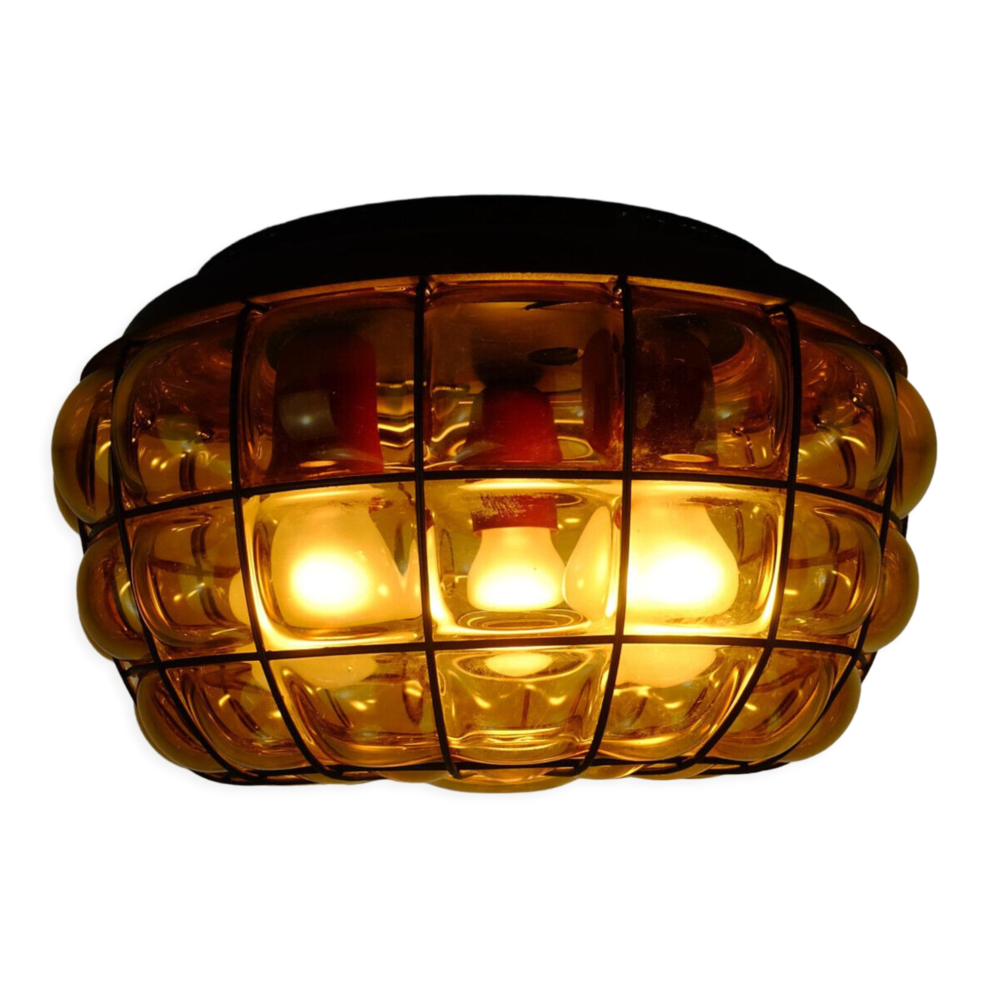 Ceiling lamp amber glass and metal 1970