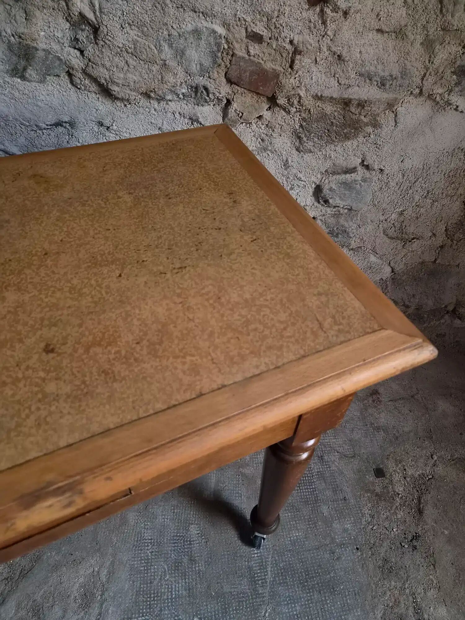Vintage beech desk with a linoleum top and drawer.