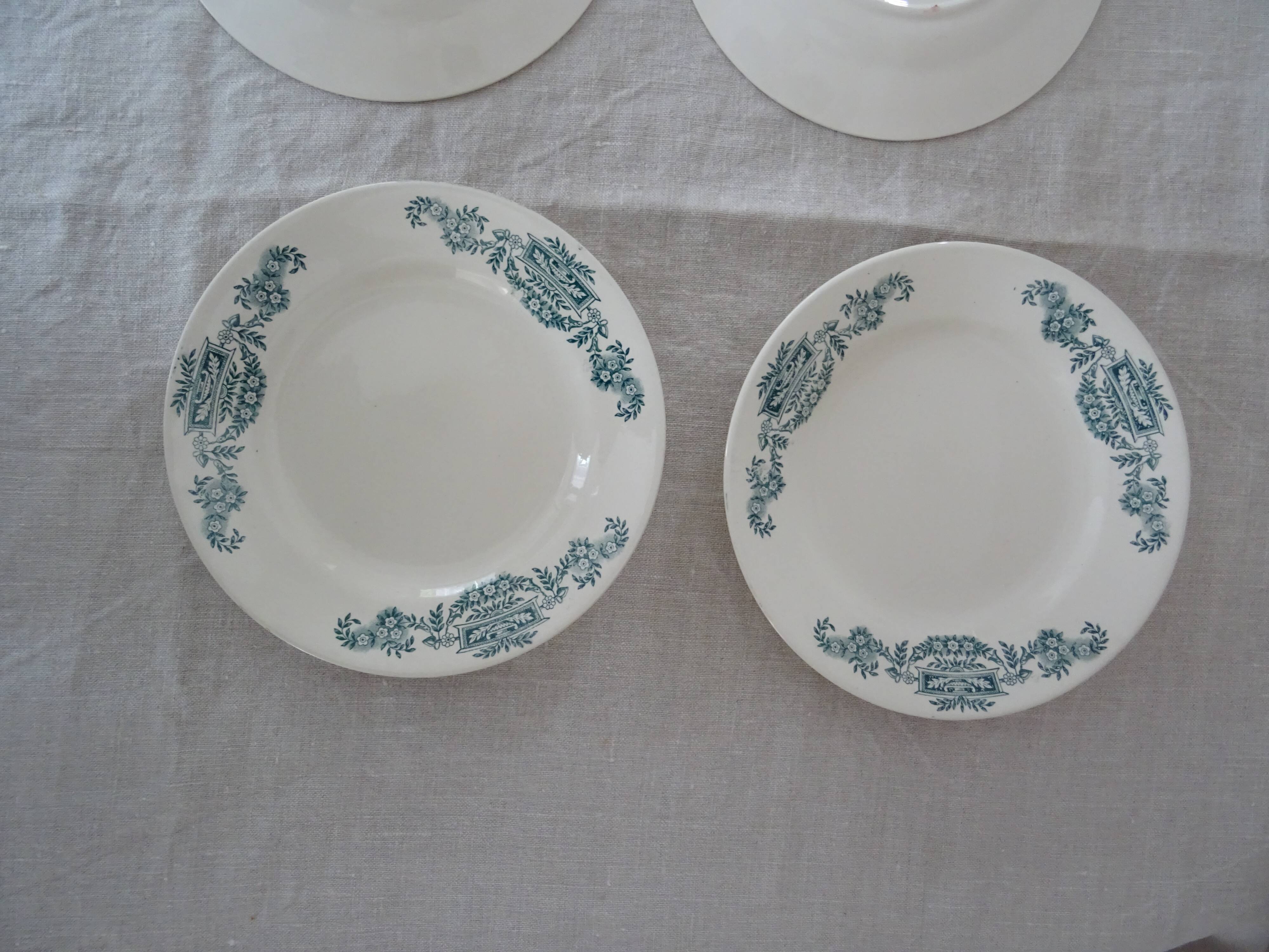 5 Plates flat Longchamp Lutèce faience old laurel green iron earth