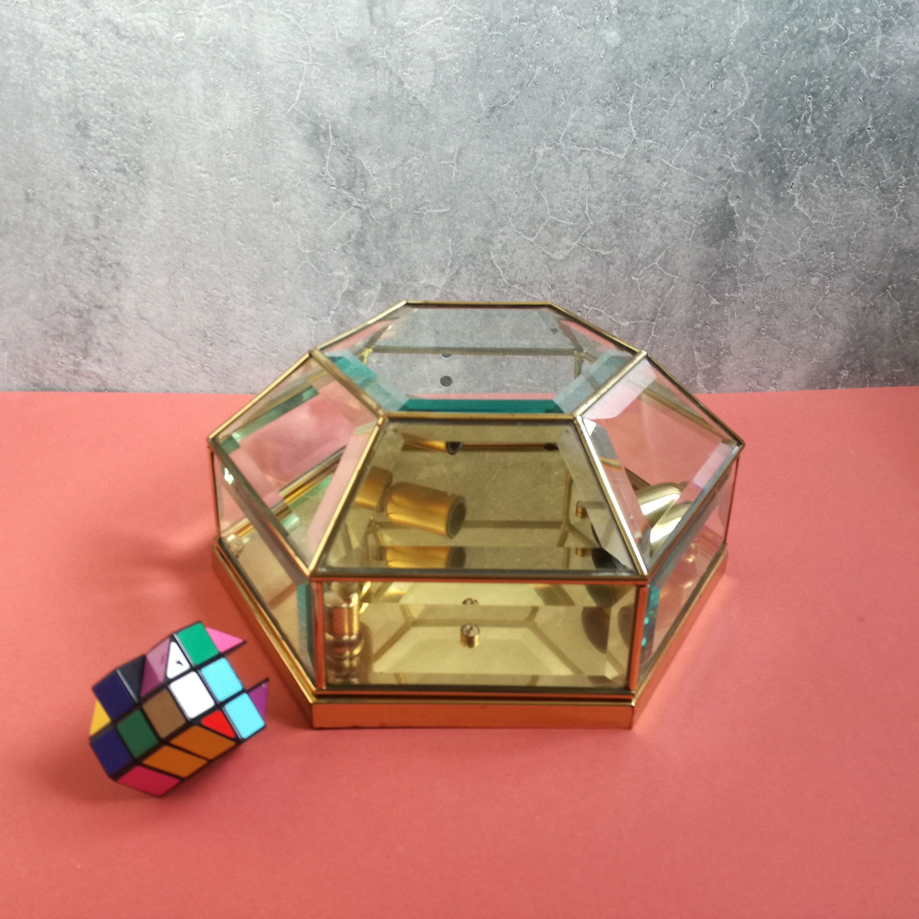 Hexagonal brass and bevelled glass ceiling light