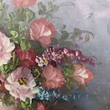 Peinture à l’huile vintage encadrée de fleurs par T. Hansen