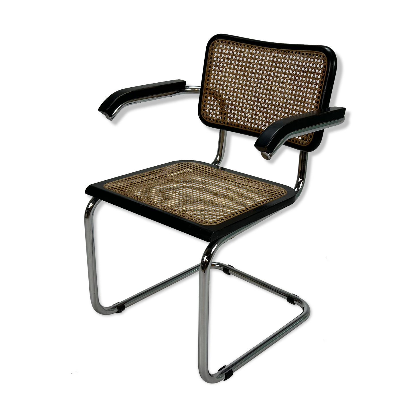 Tubular frame and cane cantilever arm chairs by Marcel Breuer, italy, 1970s