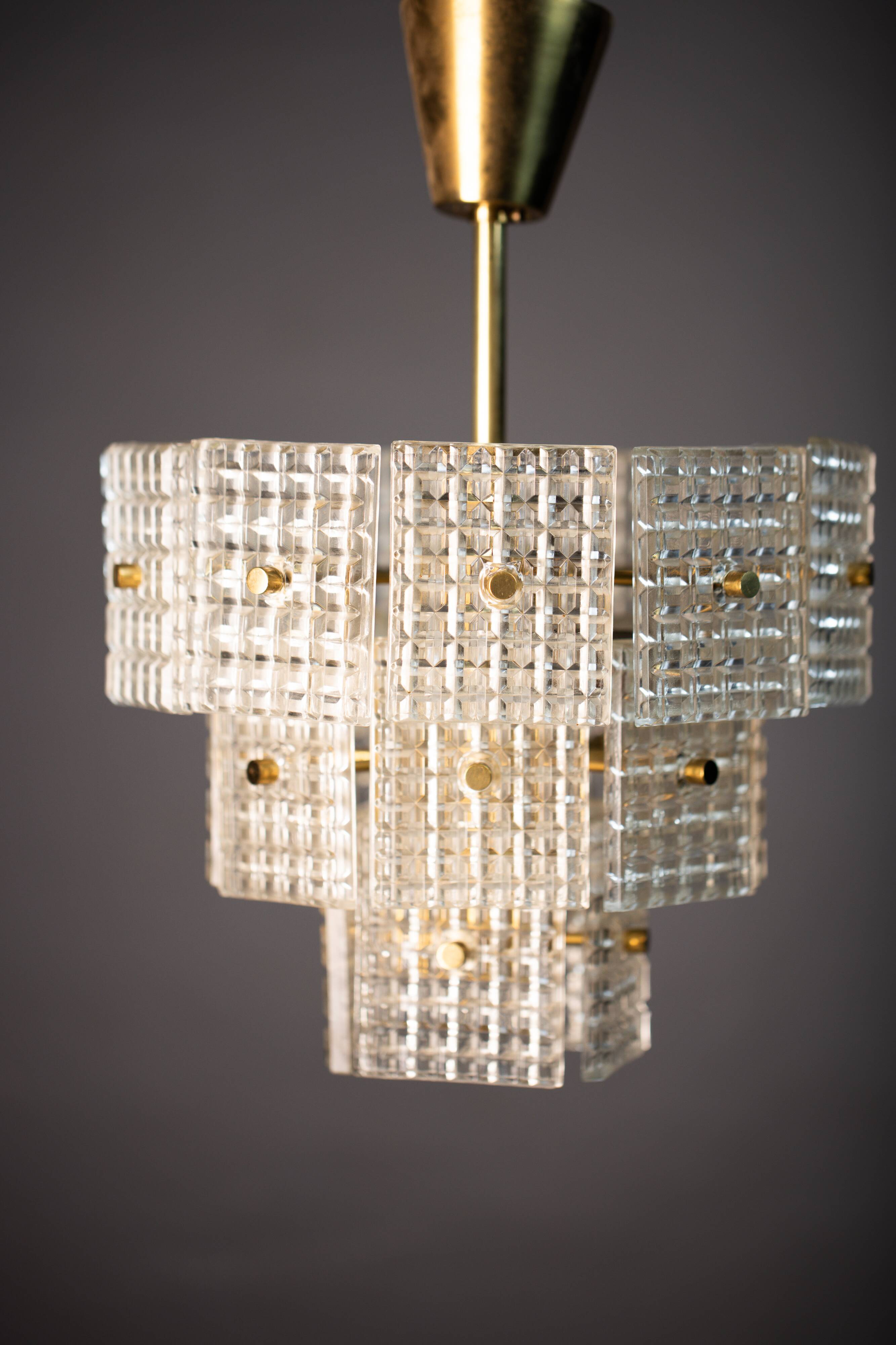 Vintage Embossed Glass Chandelier: 1970s Brass Pendant Lamp