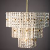 Vintage Embossed Glass Chandelier: 1970s Brass Pendant Lamp